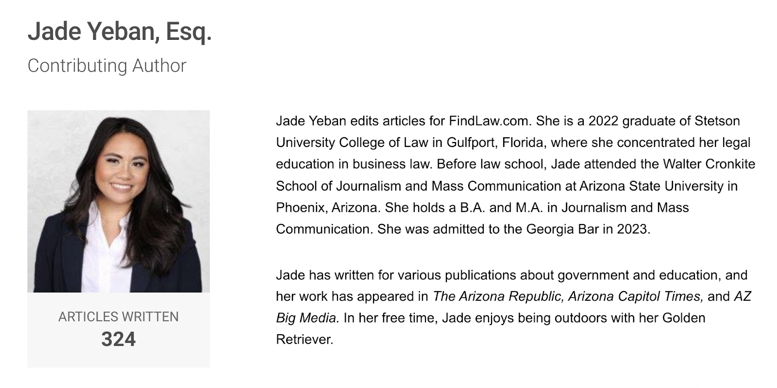 Writer’s credentials page on FindLaw's page