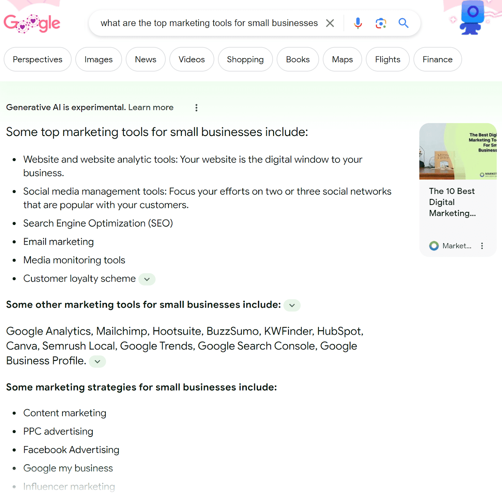 Google SGE results for "what are the top marketing tools for small businesses" query