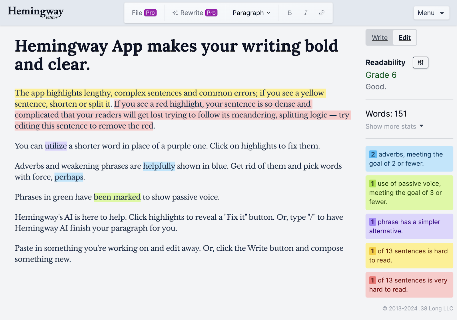 Text highlighted with readability suggestions based on grade level.