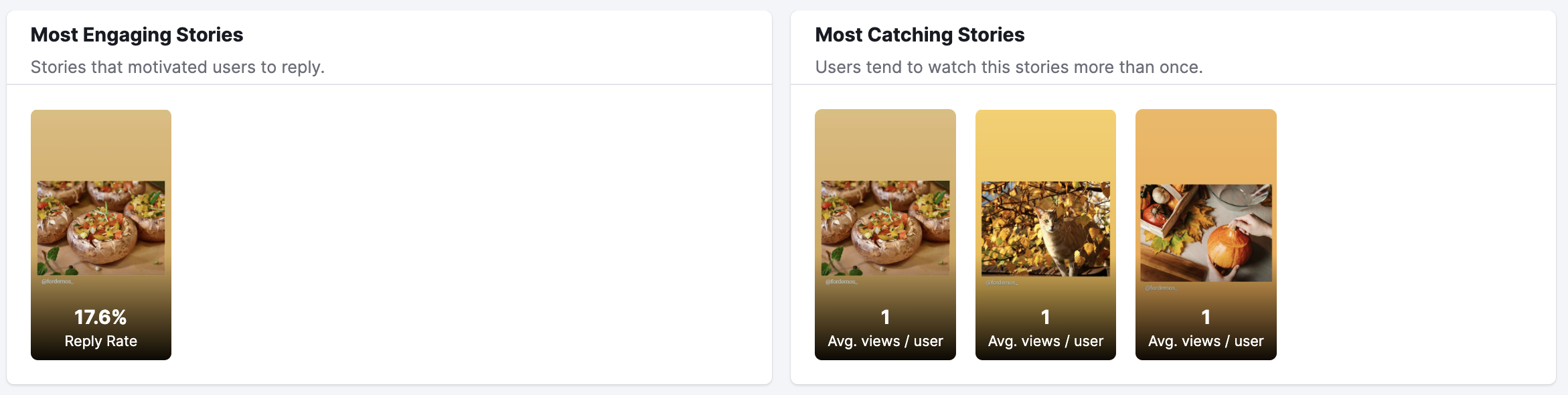 The Most Engaging Stories and the Most Catching Stories widgets in the Stories tab. 